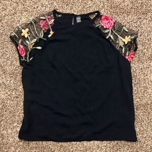 SHEIN Black Blouse with Vibrant Floral Sleeves